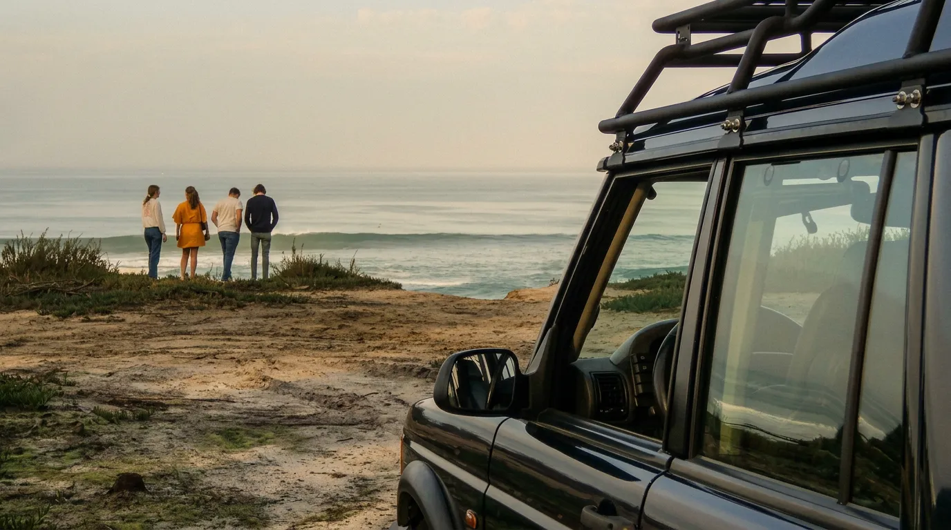 Group by the Atlantic coast beside an off-road vehicle in Portugal