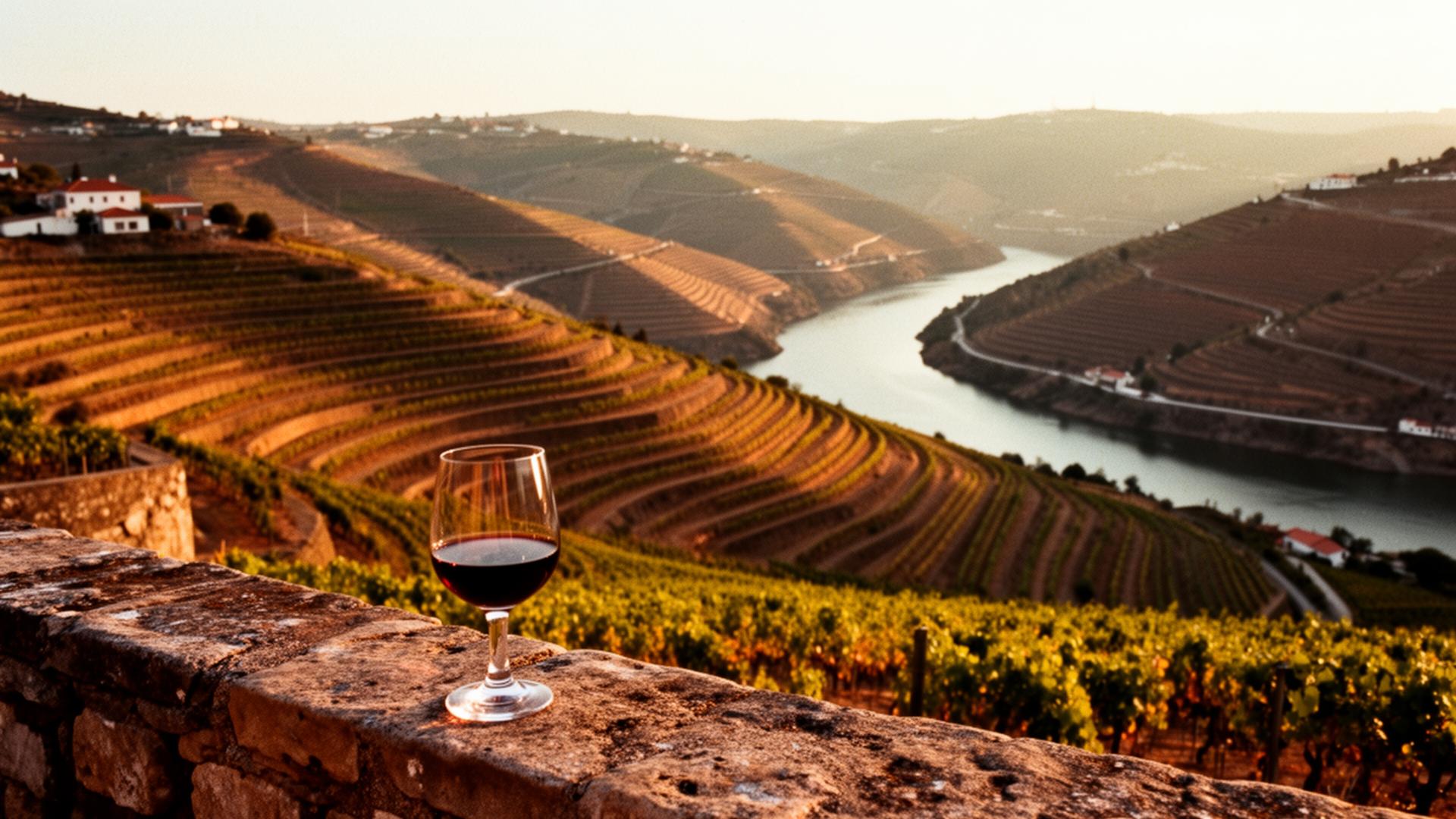 Port wine glass on a stone terrace overlooking the Douro Valley vineyards at golden hour