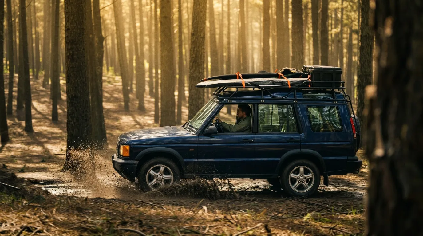 Land Rover crossing muddy terrain on the Atlantic coast of Portugal
