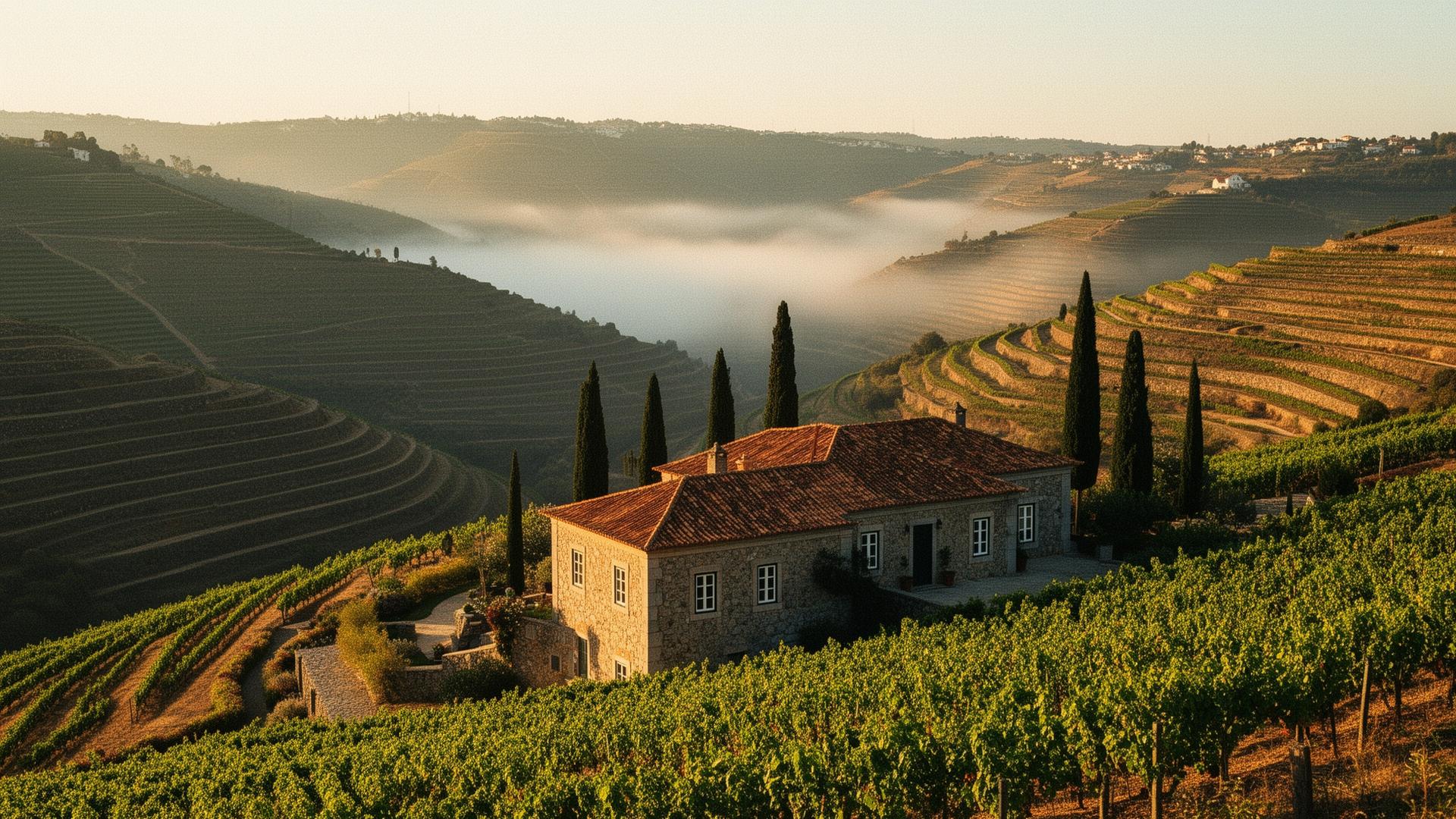 Portuguese quinta estate surrounded by terraced Douro Valley vineyards at dawn