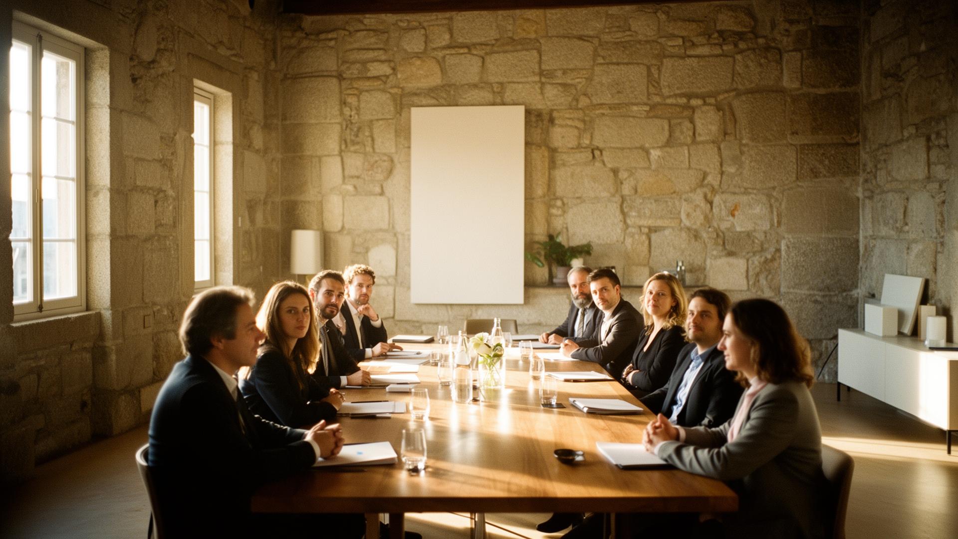 Corporate retreat meeting in a historic stone building in Porto