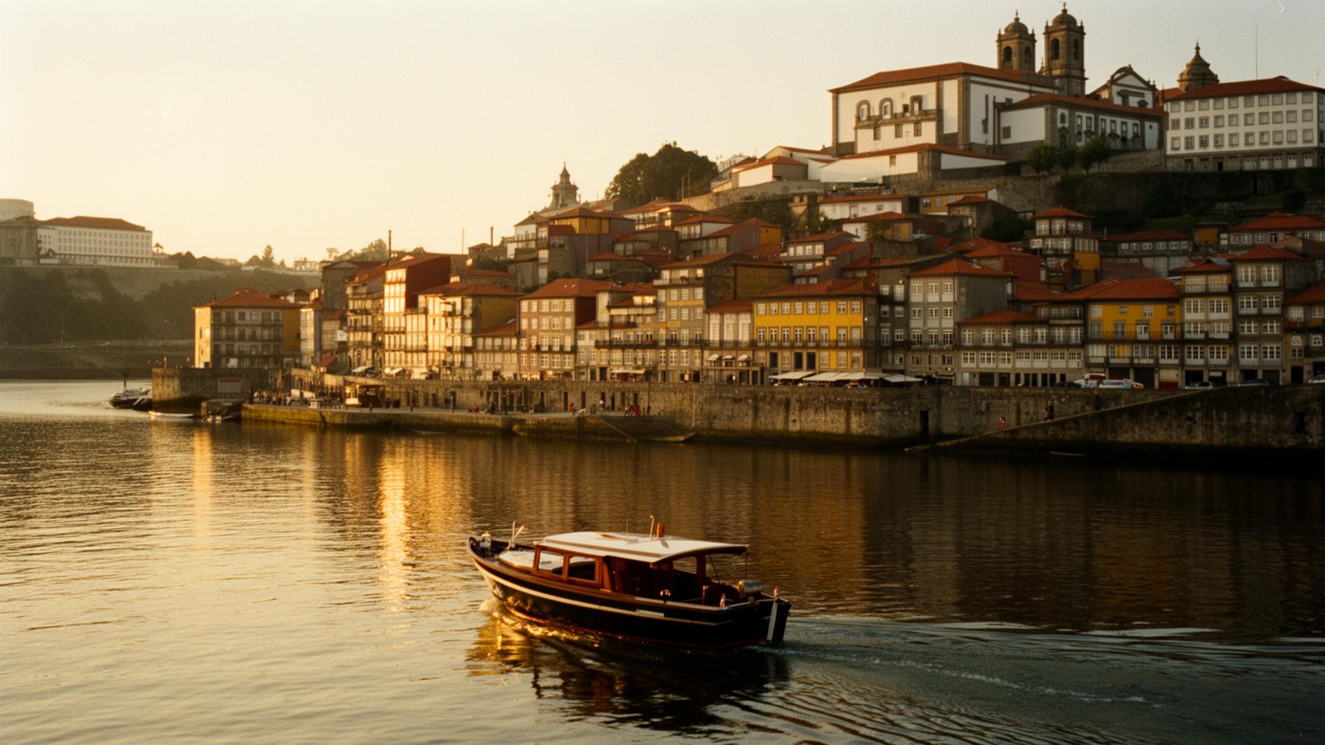 Private boat on the Douro river with Porto's Ribeira district at golden hour