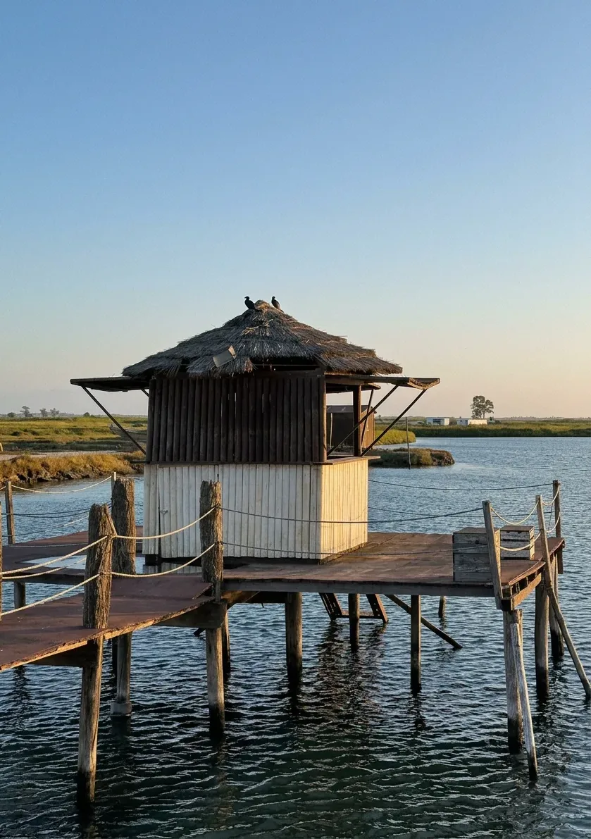Private boat crossing the calm channels of the Aveiro lagoon towards oyster beds