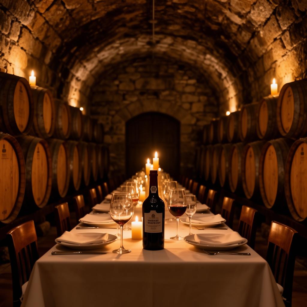 Private candlelit dinner inside a historic Port wine cellar in Vila Nova de Gaia
