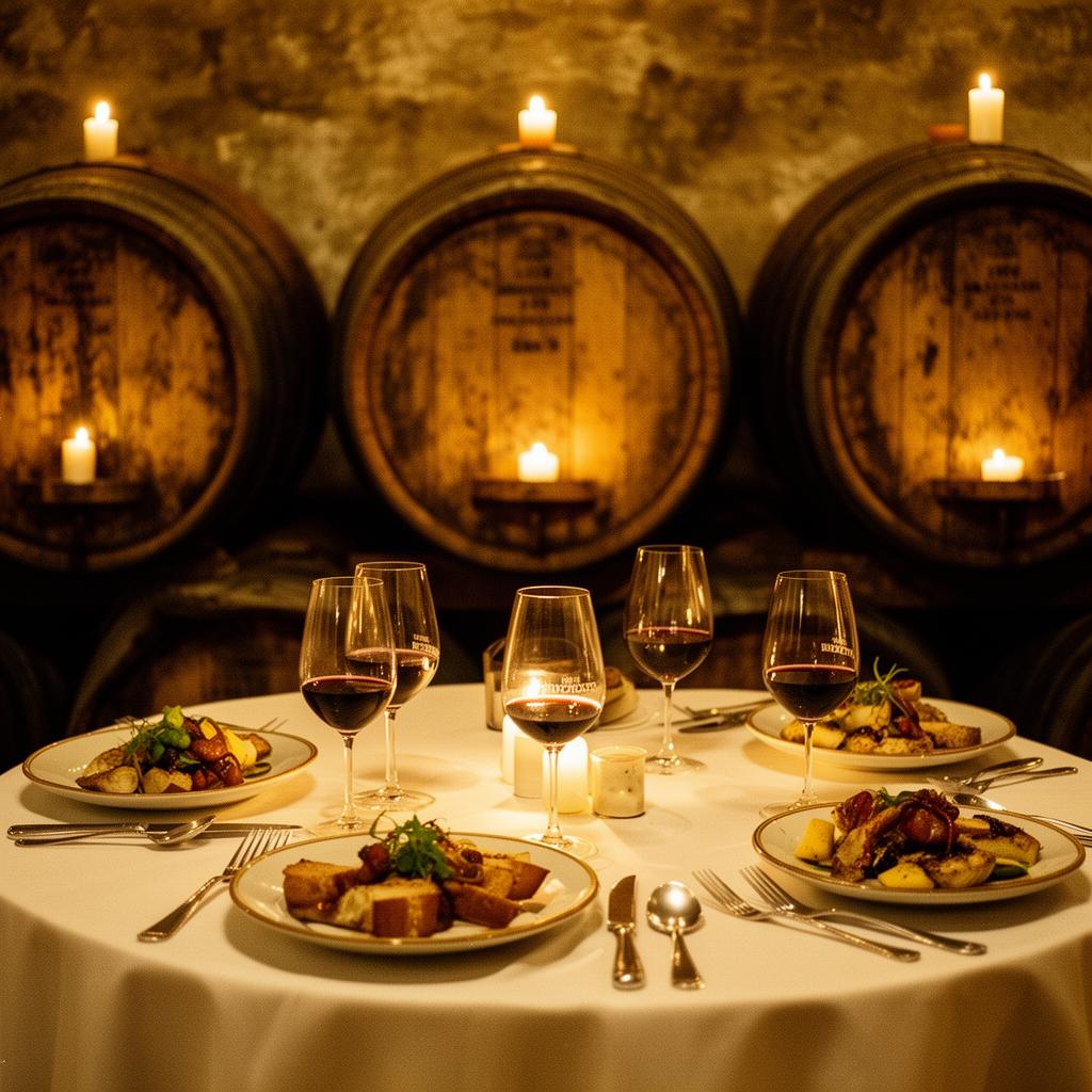 Private candlelit dinner setting inside a historic Port wine lodge in Vila Nova de Gaia