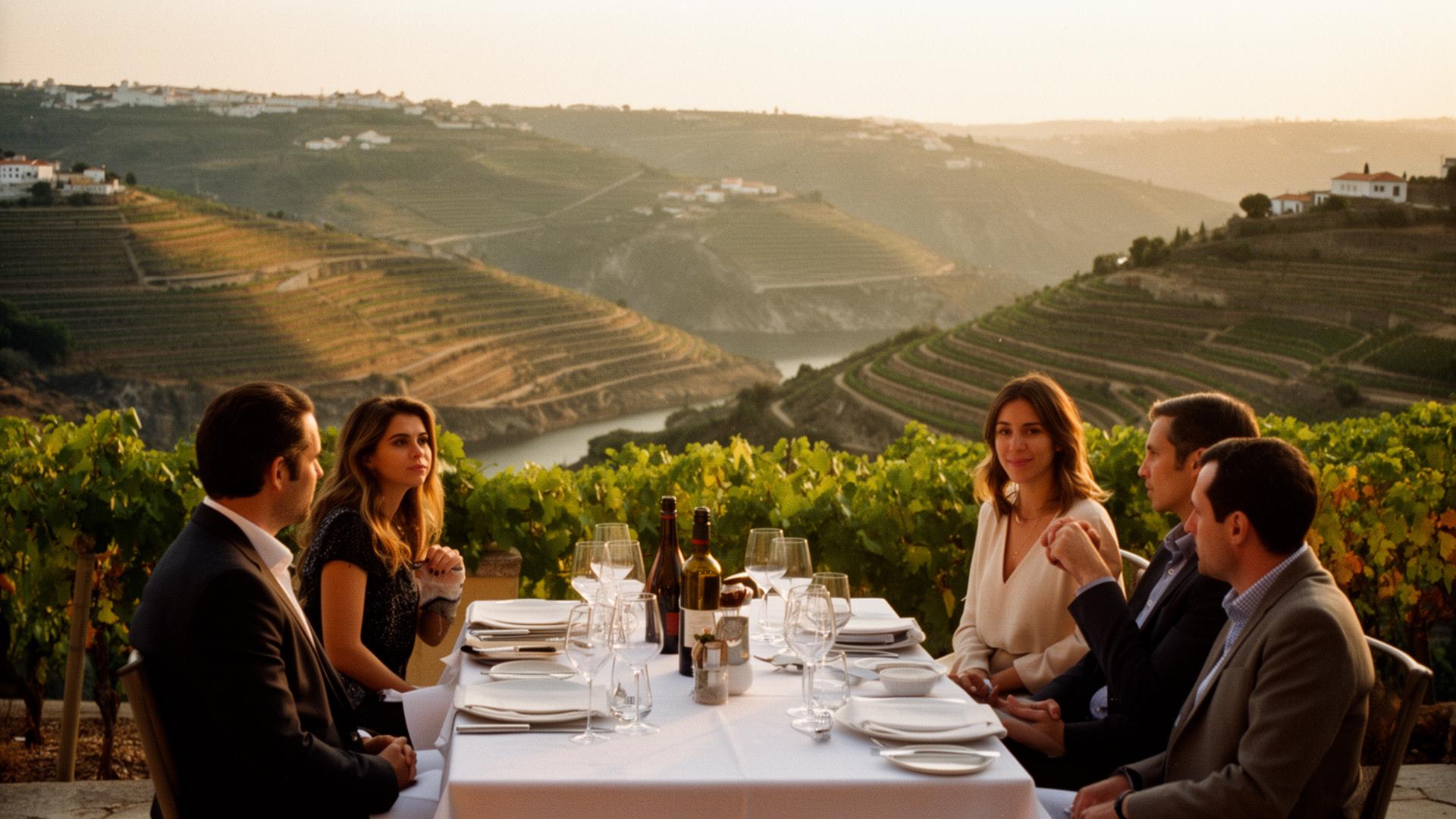 Group dinner at a vineyard terrace overlooking the Douro Valley