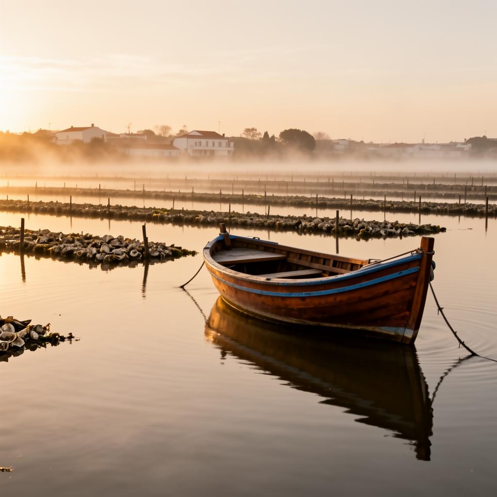 Traditional wooden boat on calm Aveiro lagoon at sunrise with oyster beds