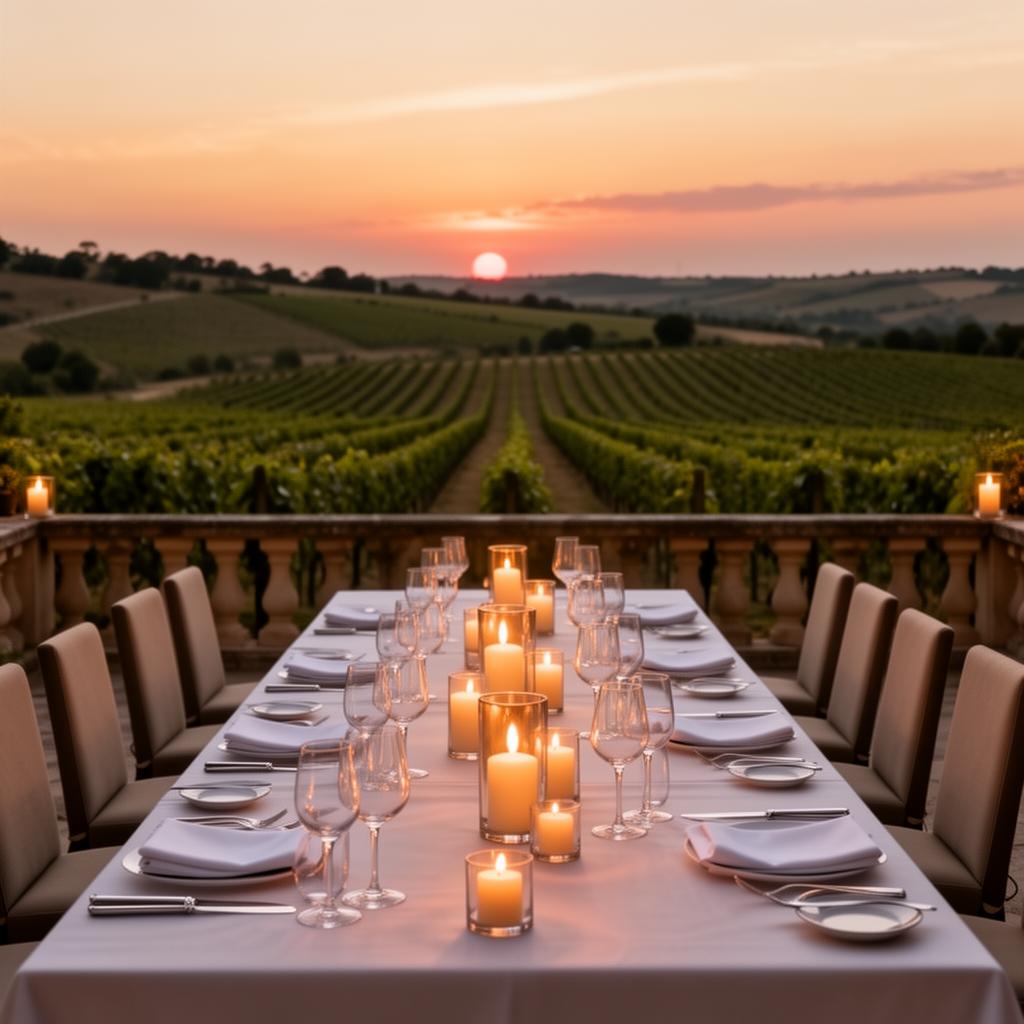 Elegant corporate dinner on outdoor terrace overlooking vineyard at sunset