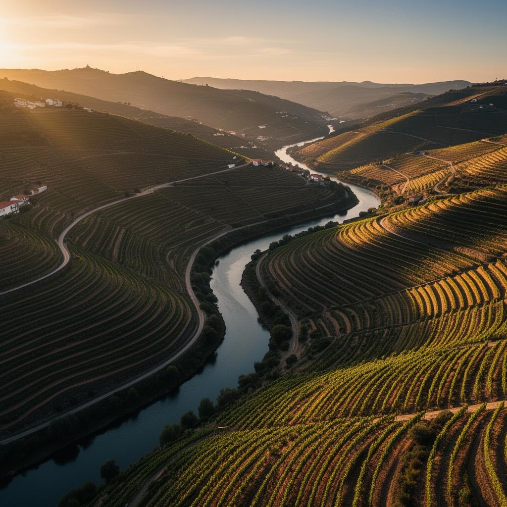 Douro Valley terraced vineyards with winding river at golden hour