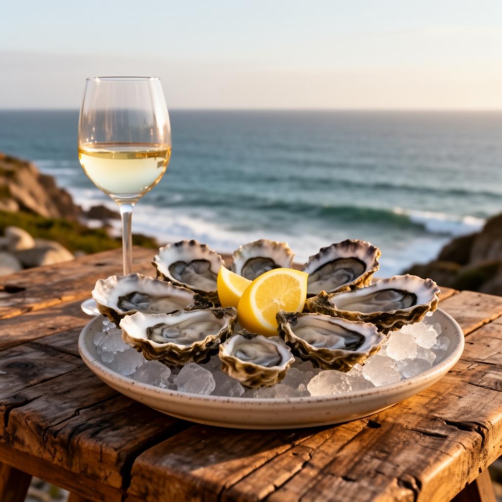 Fresh oysters on ice with white wine overlooking the Atlantic ocean