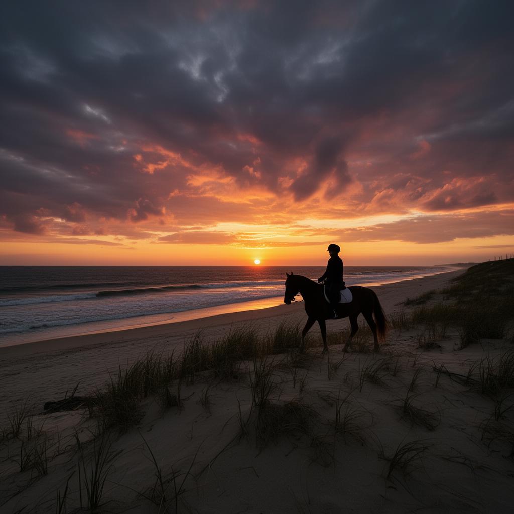 Horseback rider silhouette on Atlantic beach dunes at sunset