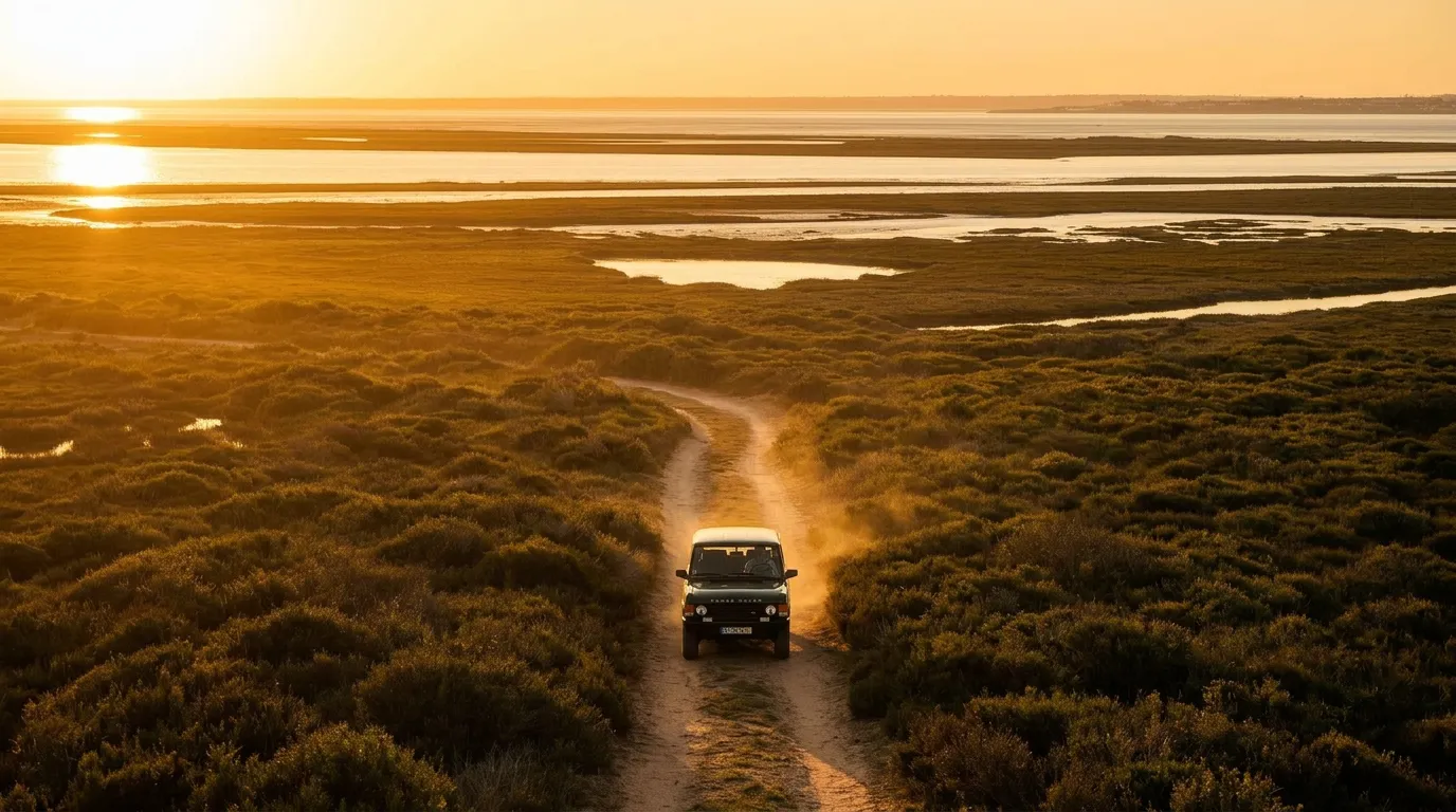 Classic Land Rover Defender driving through coastal sand dunes at golden hour