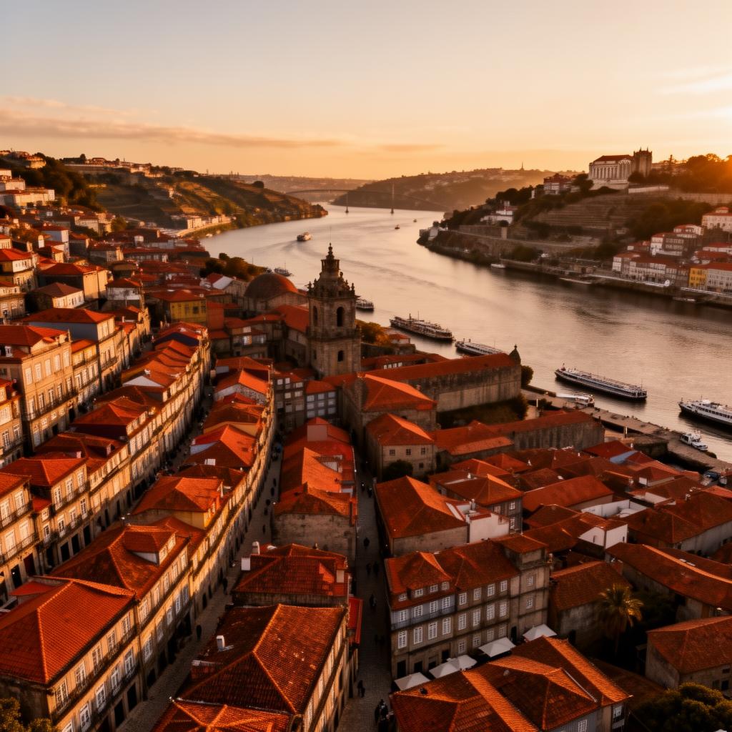 Aerial view of Porto old town and Douro river at golden hour