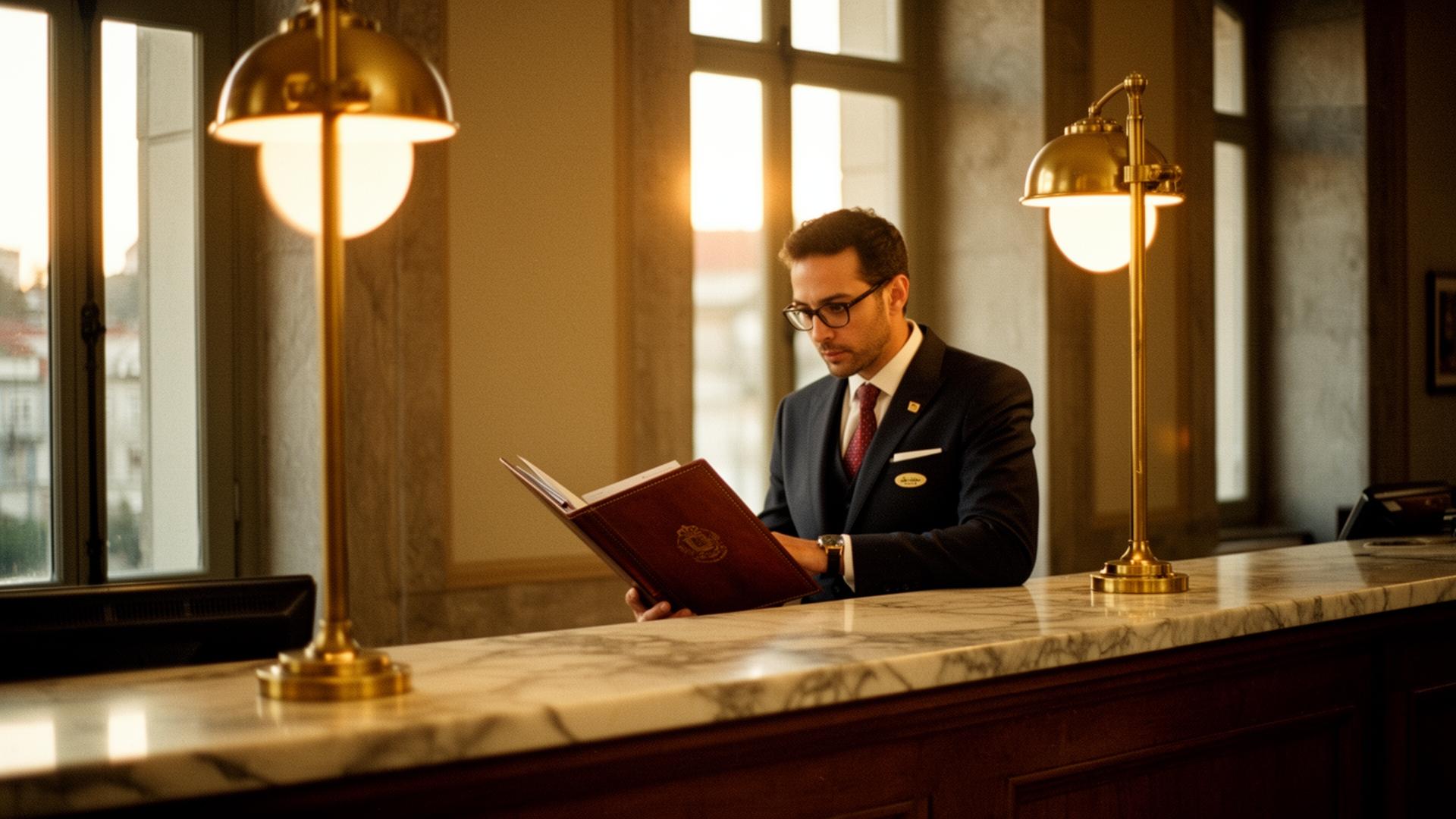 Hotel concierge reviewing a private itinerary in a luxury Porto hotel