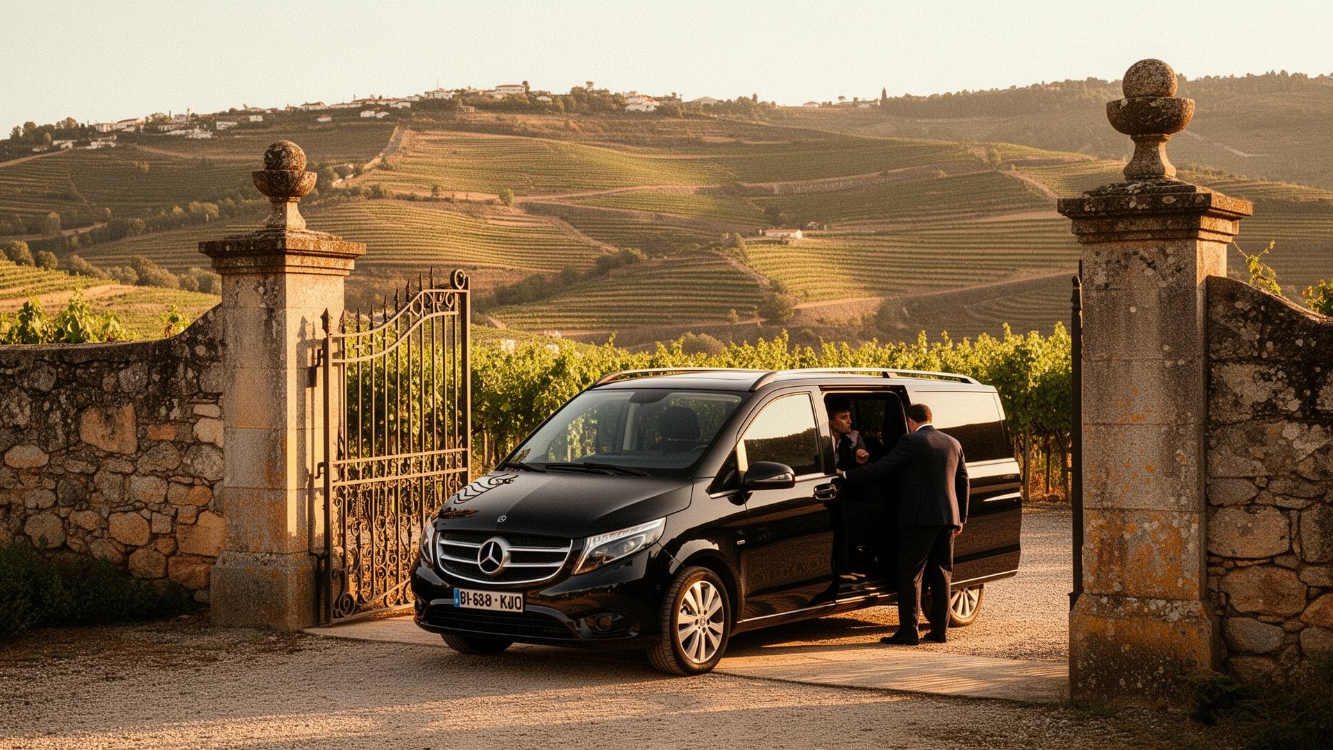 Private transfer arriving at a Douro Valley quinta estate at golden hour
