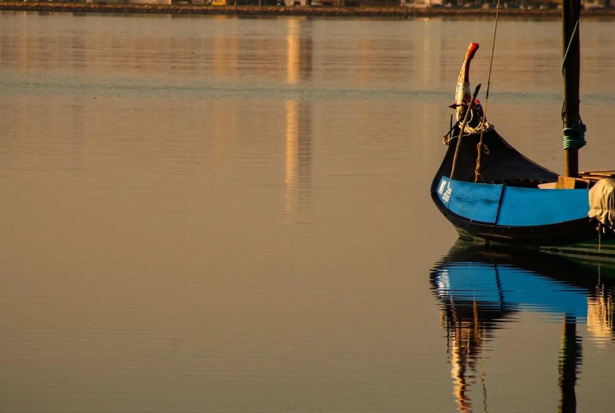 Calm boat journey through the waterways of the Ria de Aveiro at golden hour