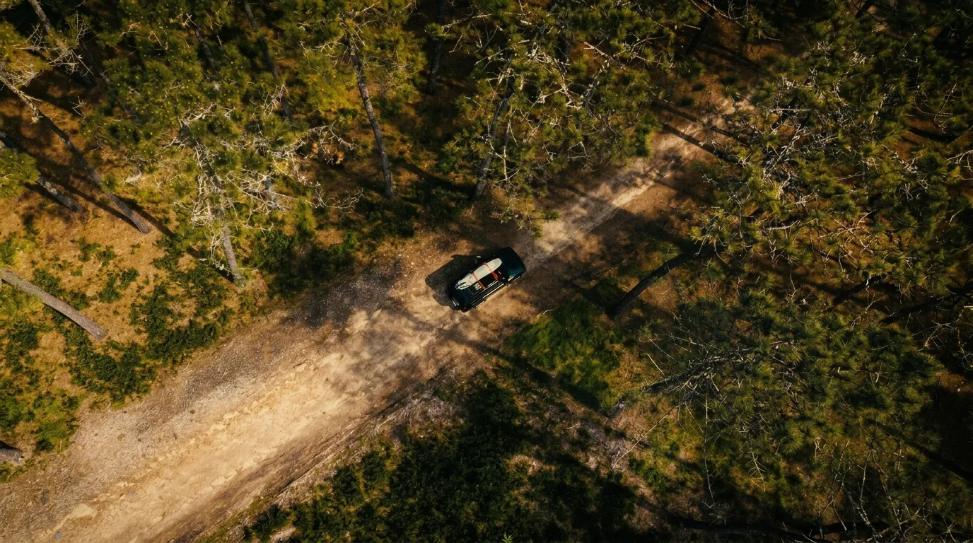 Aerial view of Land Rover driving through coastal dunes near the Atlantic Ocean
