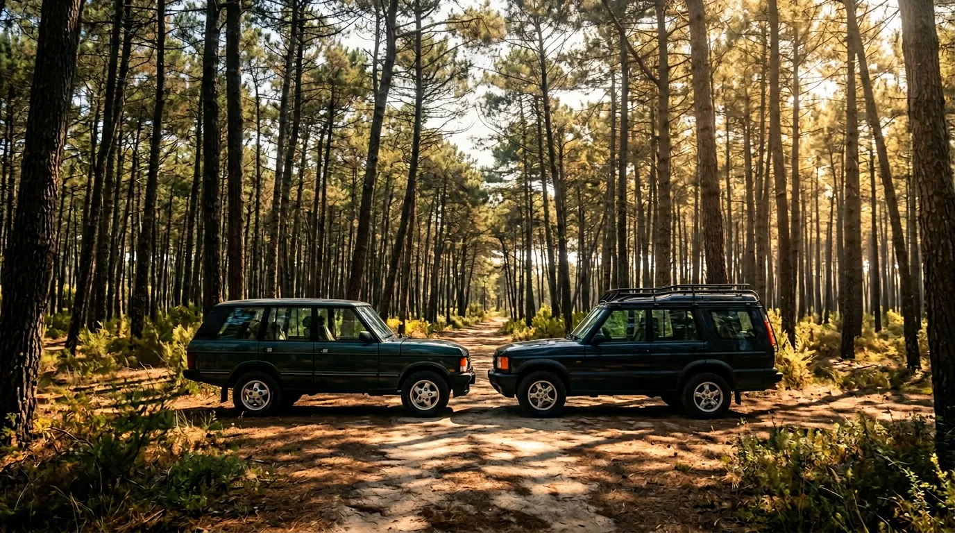 Land Rover Discovery on a forest trail through pine woodland near the coast