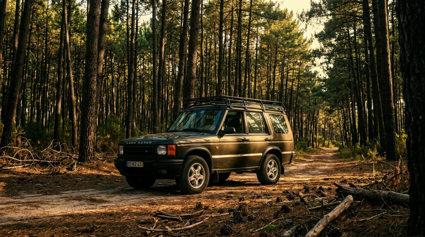 Side view of Land Rover driving through a coastal pine forest in Portugal
