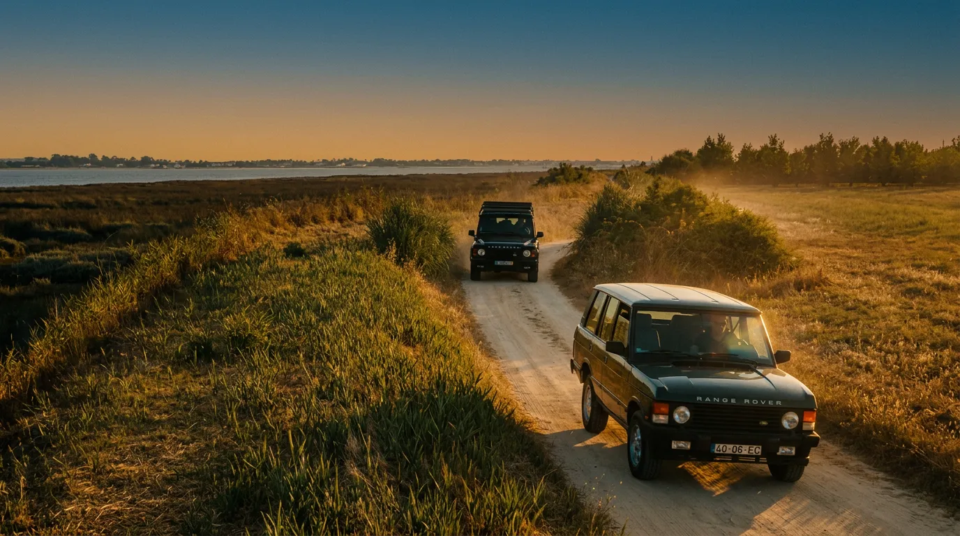 Classic Land Rover navigating coastal dune trails along Portugal's Atlantic edge