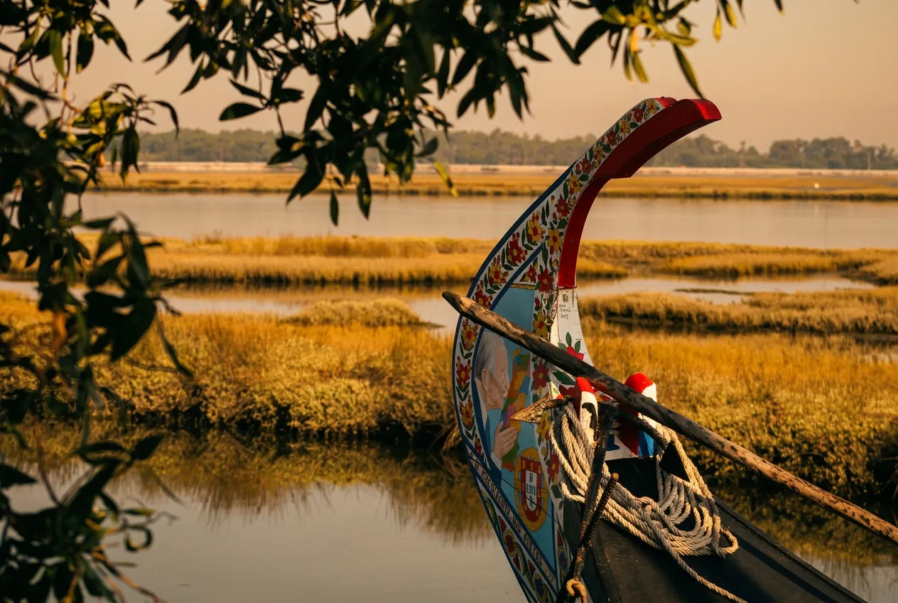Private boat crossing the calm channels of the Aveiro lagoon