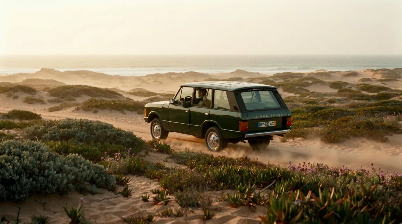 Classic green Range Rover driving through Portuguese coastal dunes at golden hour