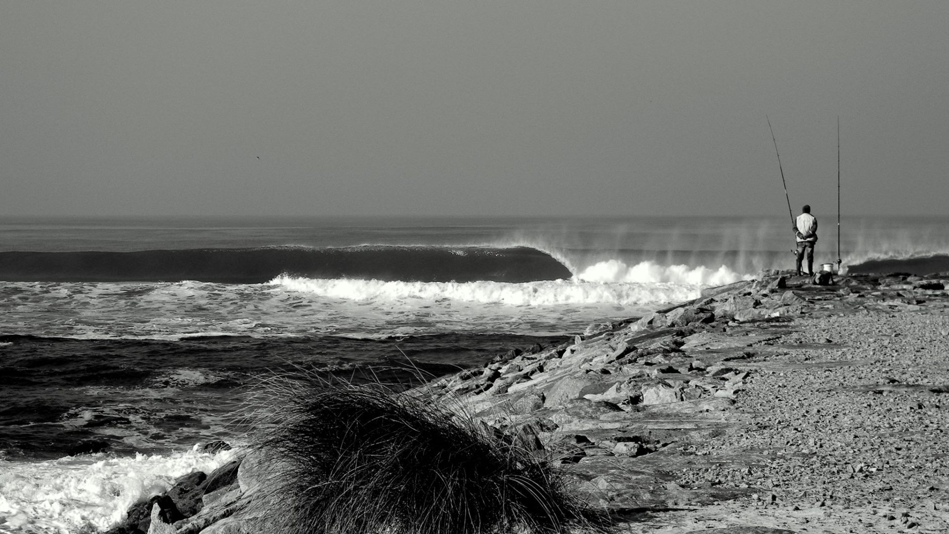 Dramatic black and white ocean wave along the coast